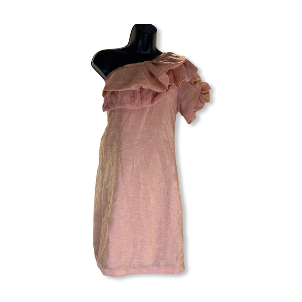Beulah Ruffled Pleated One Shoulder Dress Rough Hem Layered Shimmery Peach